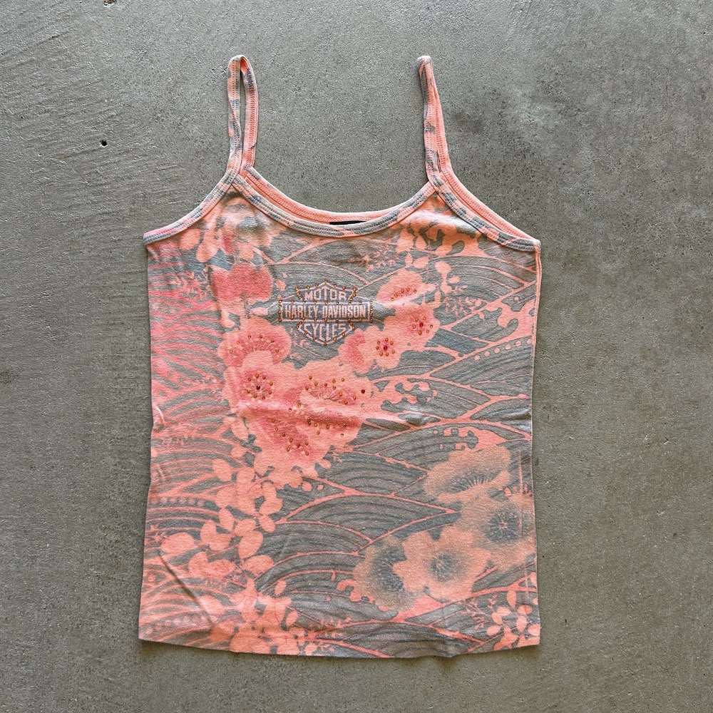 Vintage Harley Davidson Cami Tank Top Womens Large Coral Pink Floral Rhinestone
